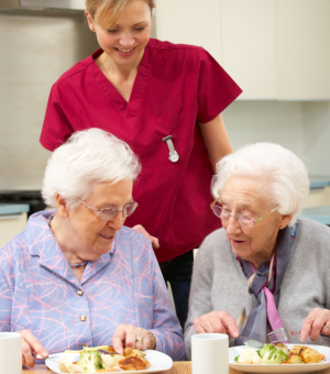 nurse assisting elder women to eat